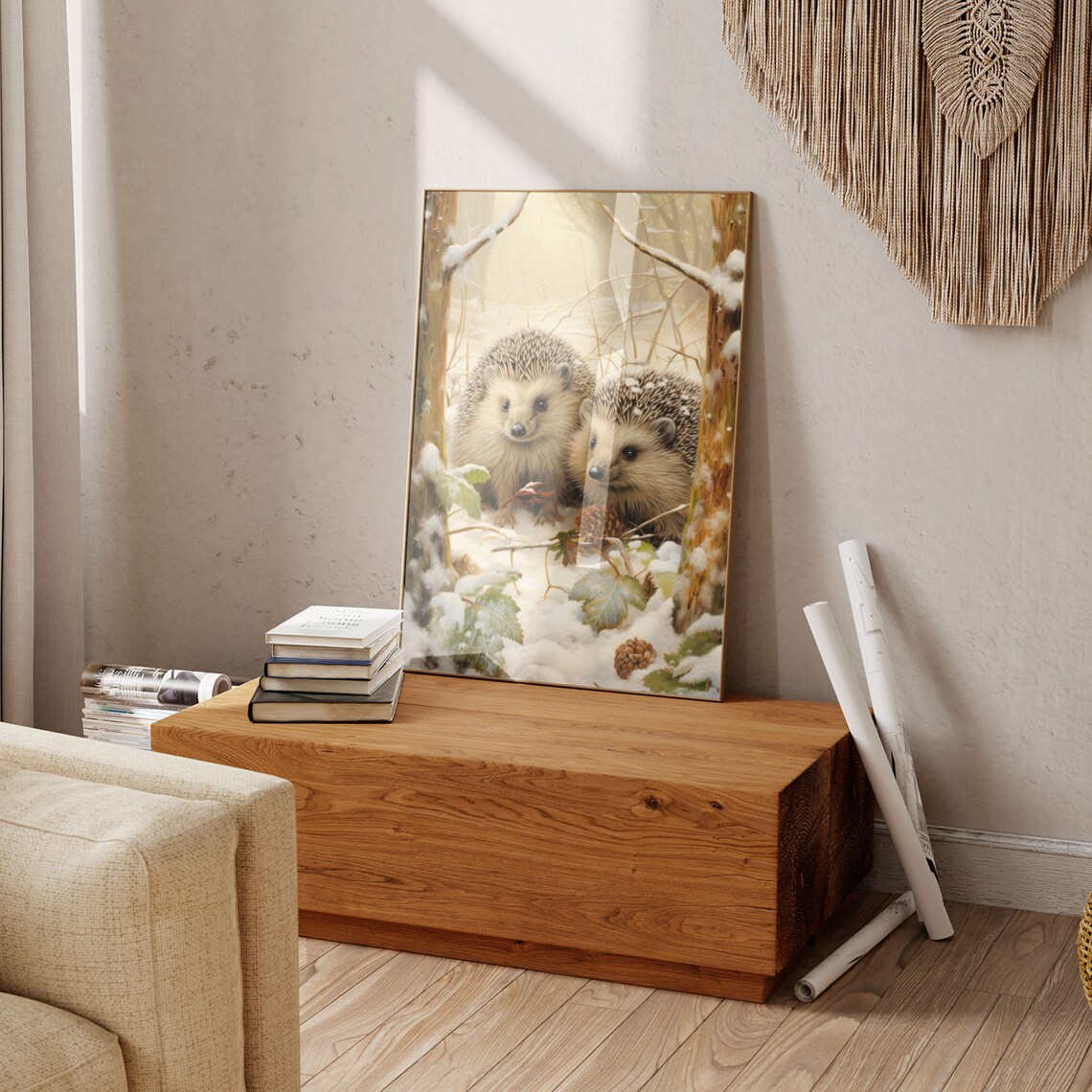 Two Hedgehogs in a Snowy Woodland Cute Winter Nursery Animal Poster - Image 3