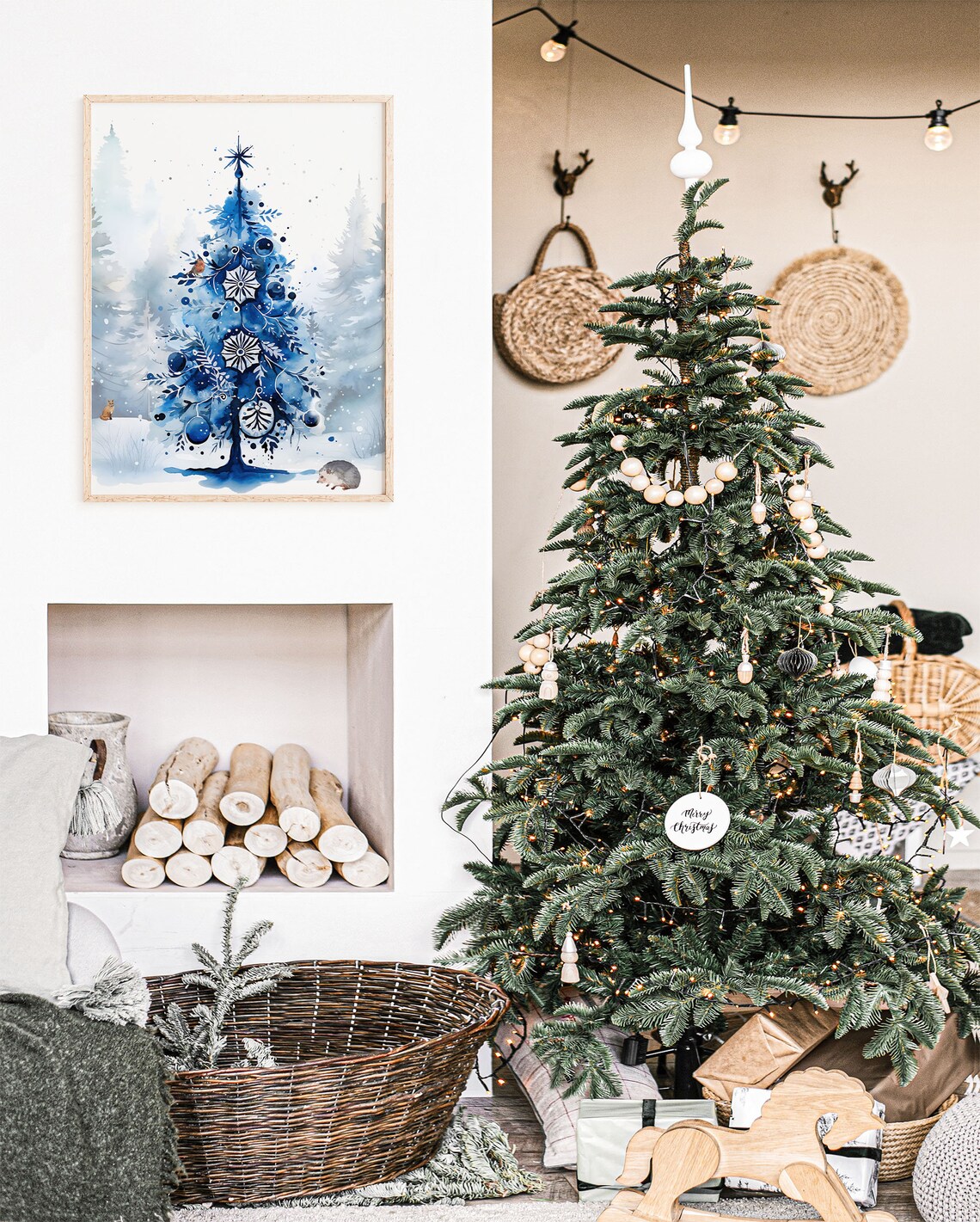 Blue Christmas Tree Ornaments Snowy Watercolor Holiday Art Print - Image 2