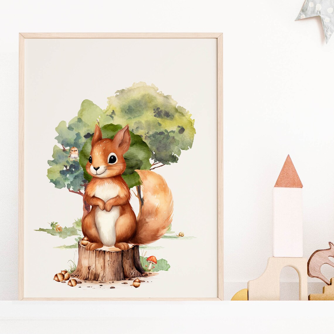 Red Squirrel On Tree Stump Watercolor Woodland Nursery Animal Poster - Image 5