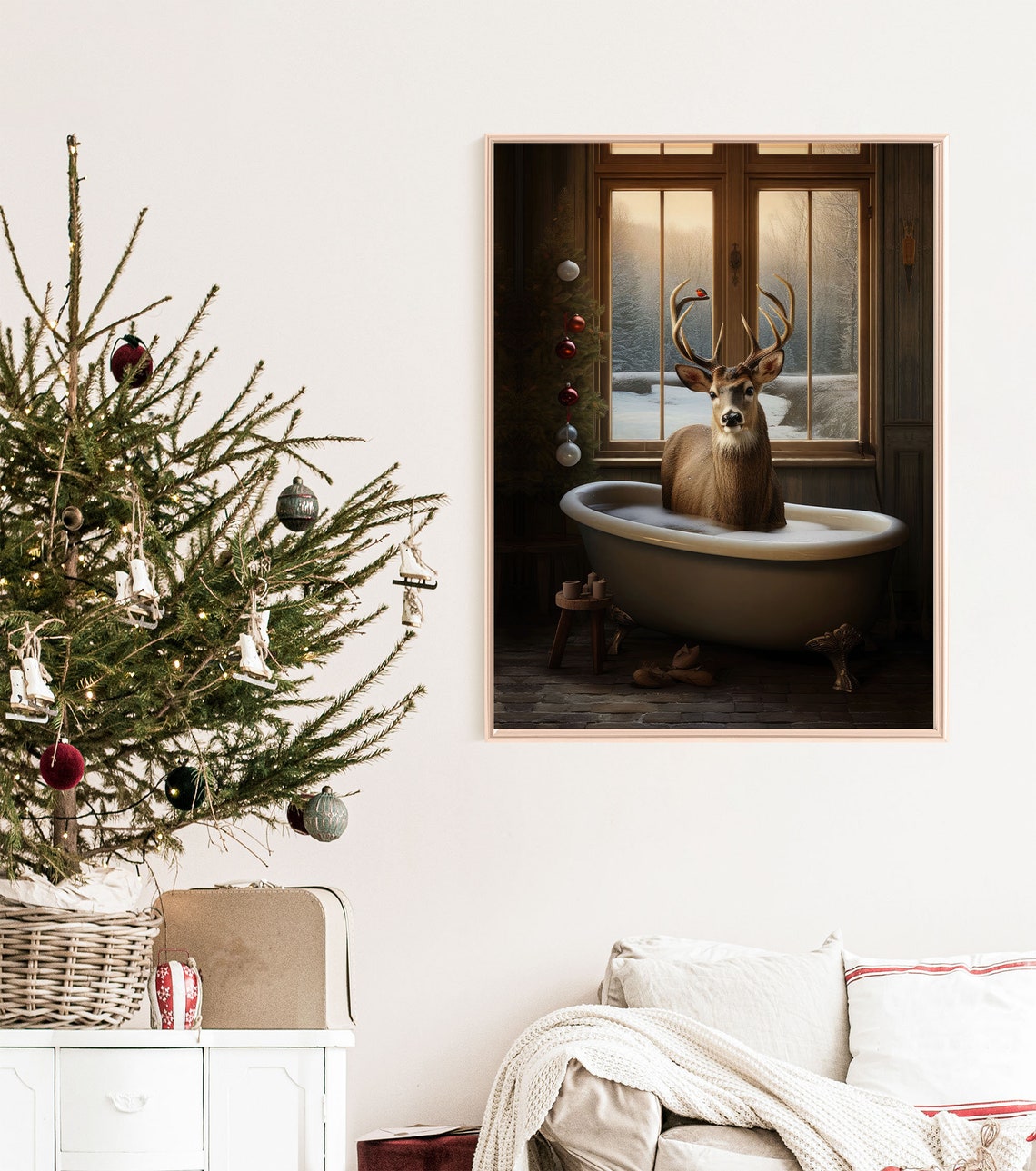 Funny Reindeer In Bathtub Snowy Window Rustic Winter Art Poster - Image 8