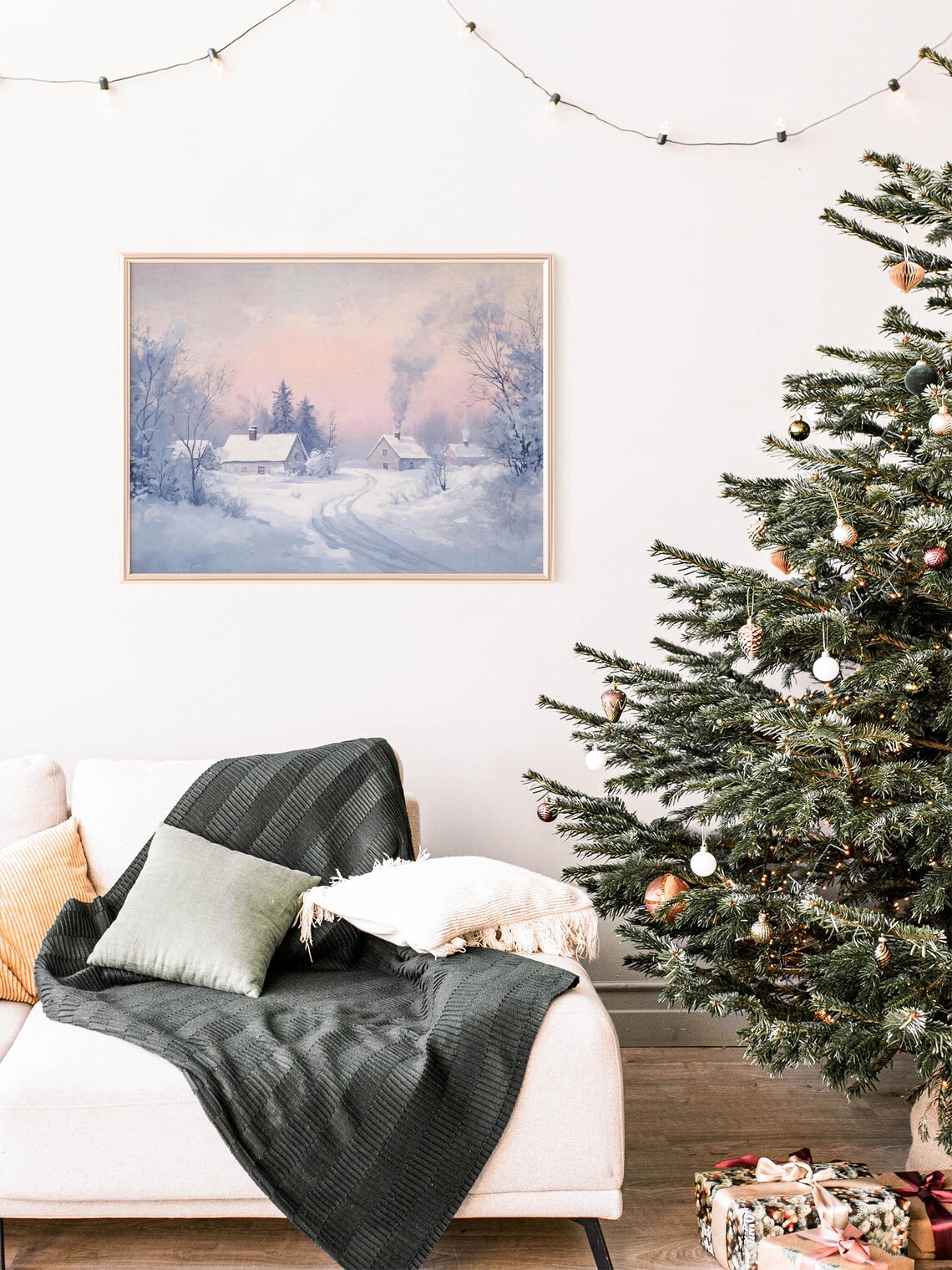 Pastel Winter Village Snowy Cottages Pink Sky Christmas Print - Image 5