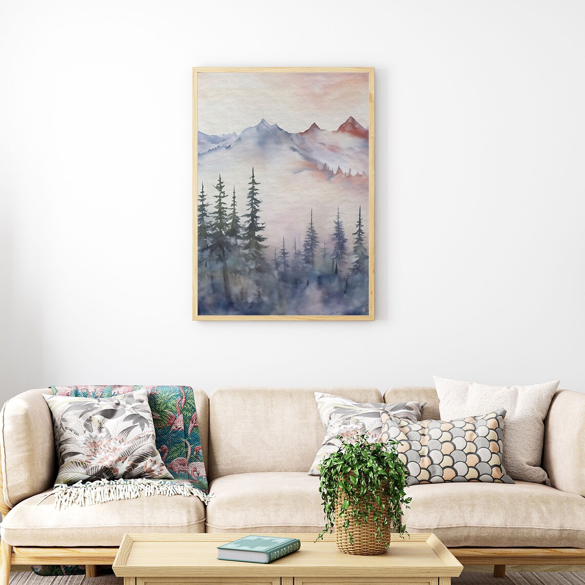 Pink Blue Pine Forest Mountain Watercolor Landscape Wall Art - Image 5