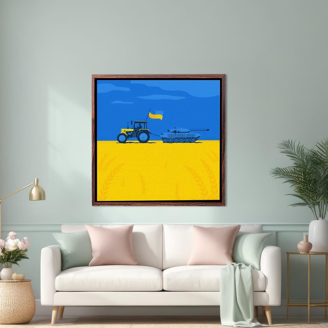 Yellow Tractor Towing Tank Ukrainian Flag Colors Graphic Art Poster
