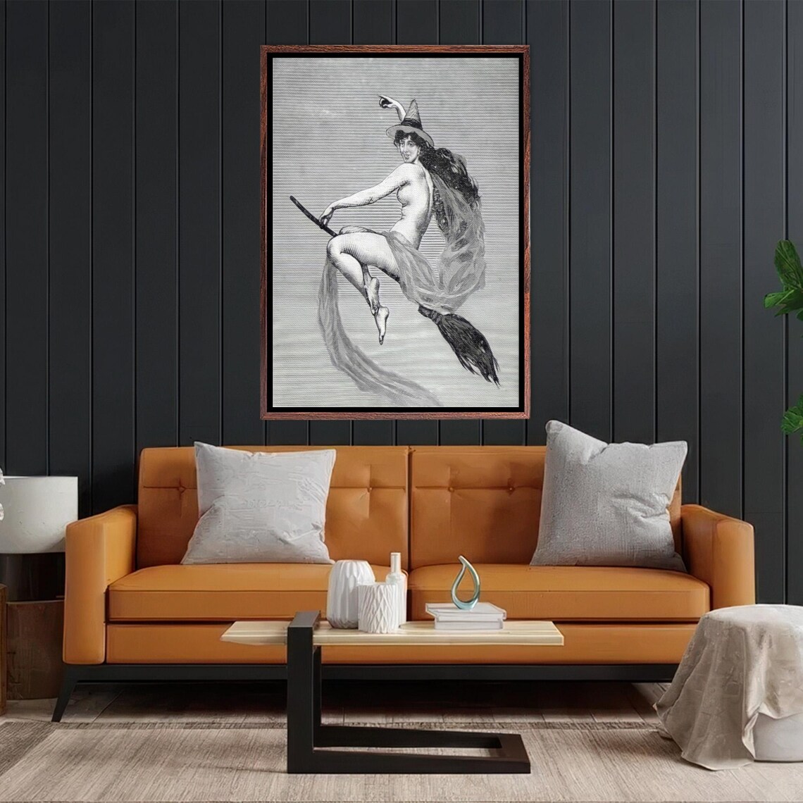 Vintage Witch on Broomstick Black and White Engraving Poster - Image 2