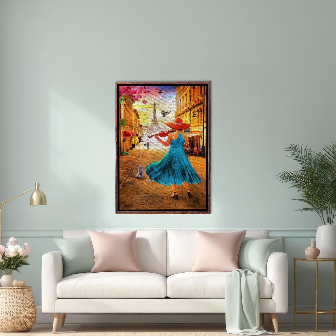 Violinist in Blue Dress on a Paris Street with Eiffel Tower Poster
