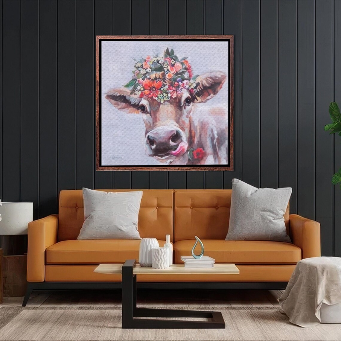 Highland Cow Wearing a Flower Crown Close Up Portrait Poster - Image 2
