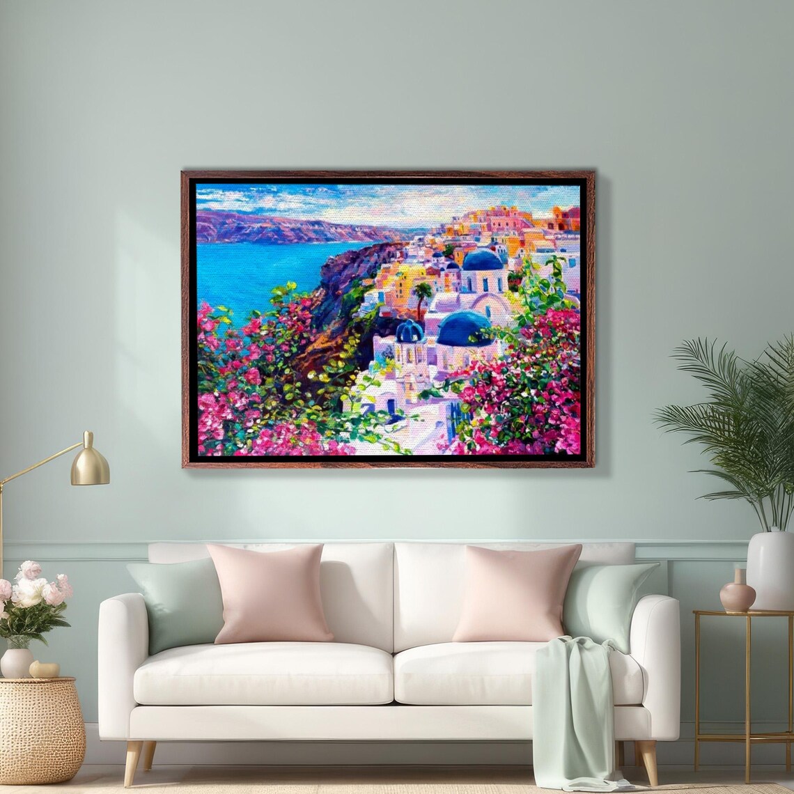 Santorini Greece Blue Domes Bougainvillea Over Aegean Poster