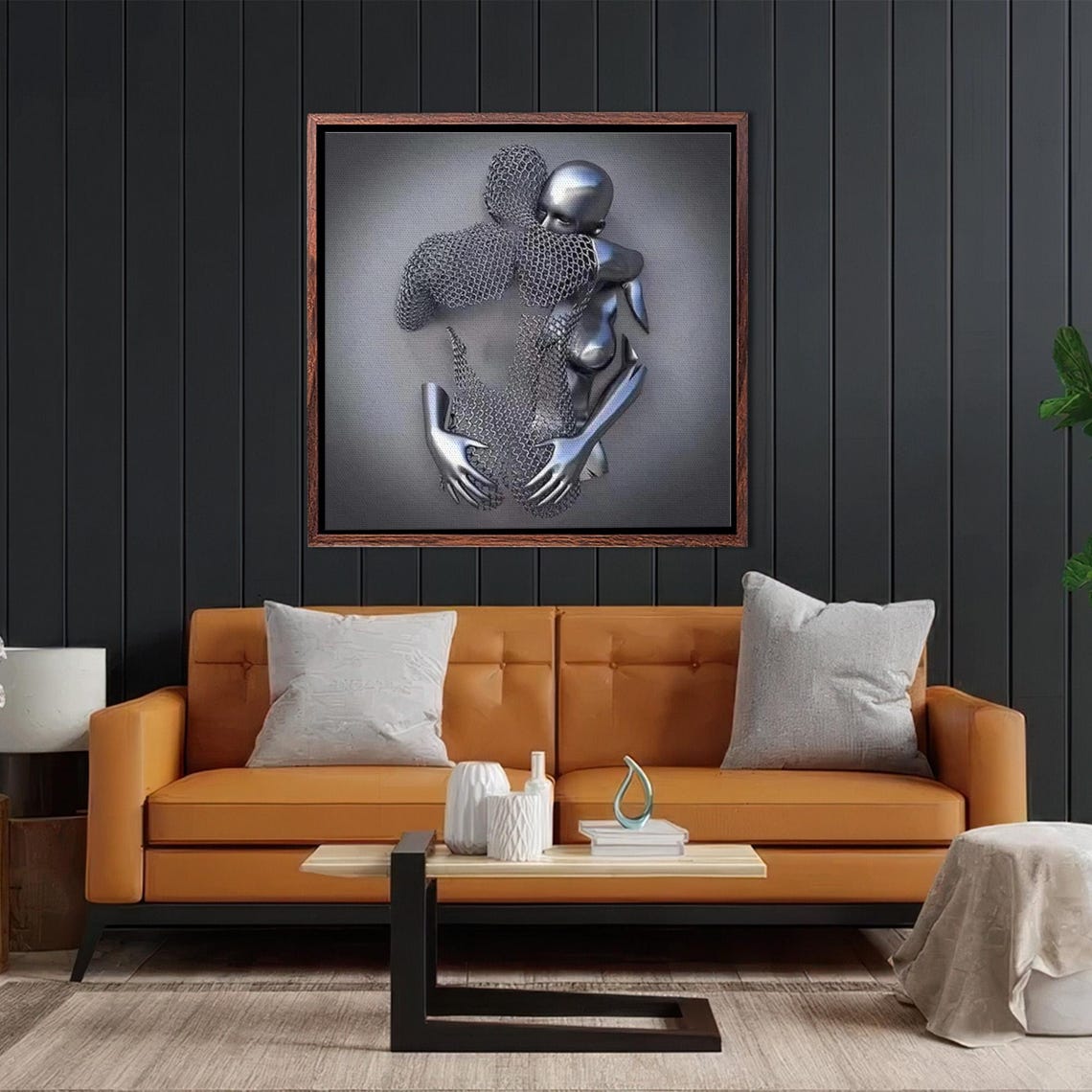 Chrome Silver Embracing Figures Surreal 3D Metallic Effect Poster - Image 2