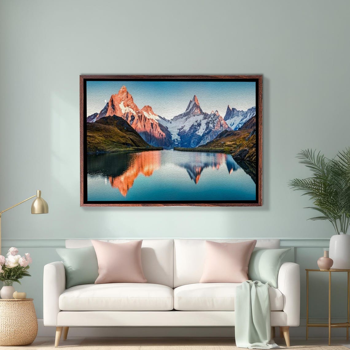 Snowcapped Swiss Alps Mirrored In Still Mountain Lake Poster