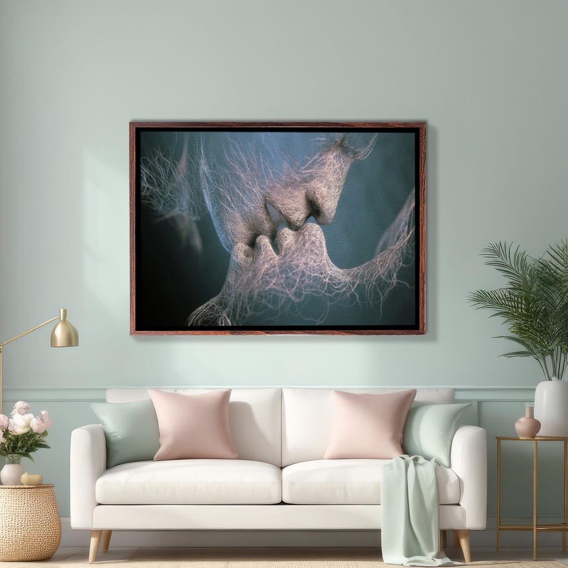 Intimate Couple Kiss In Abstract Thread Style Romantic Love Poster