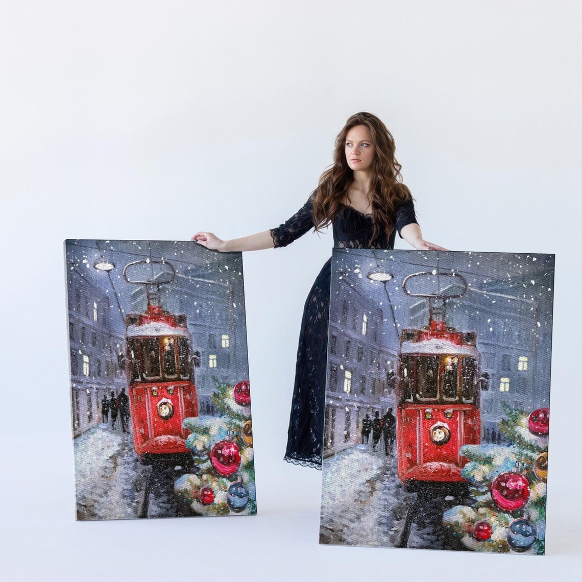 Vintage Red Tram in a Snowy City at Christmas Beside a Lit Tree Poster - Image 5