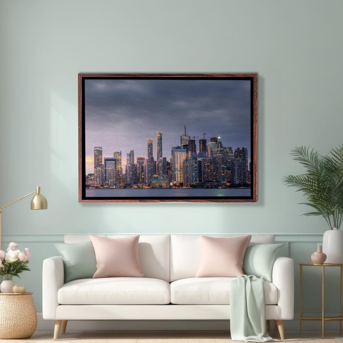City Skyline at Dusk with Glowing Skyscraper Windows at Night Poster