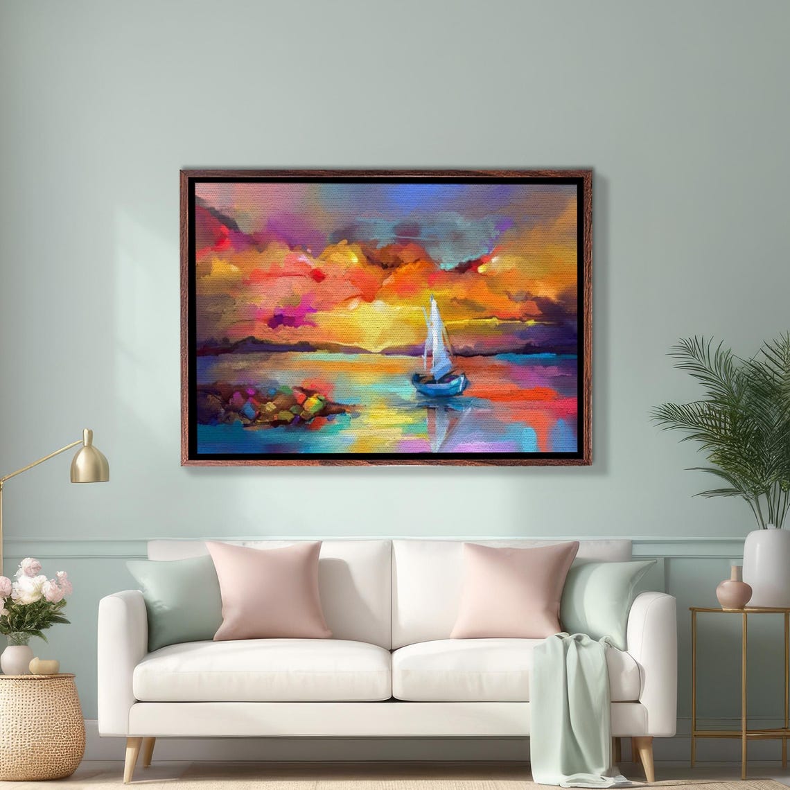 Sailboat on a Colorful Sunset Ocean Abstract Painting Poster