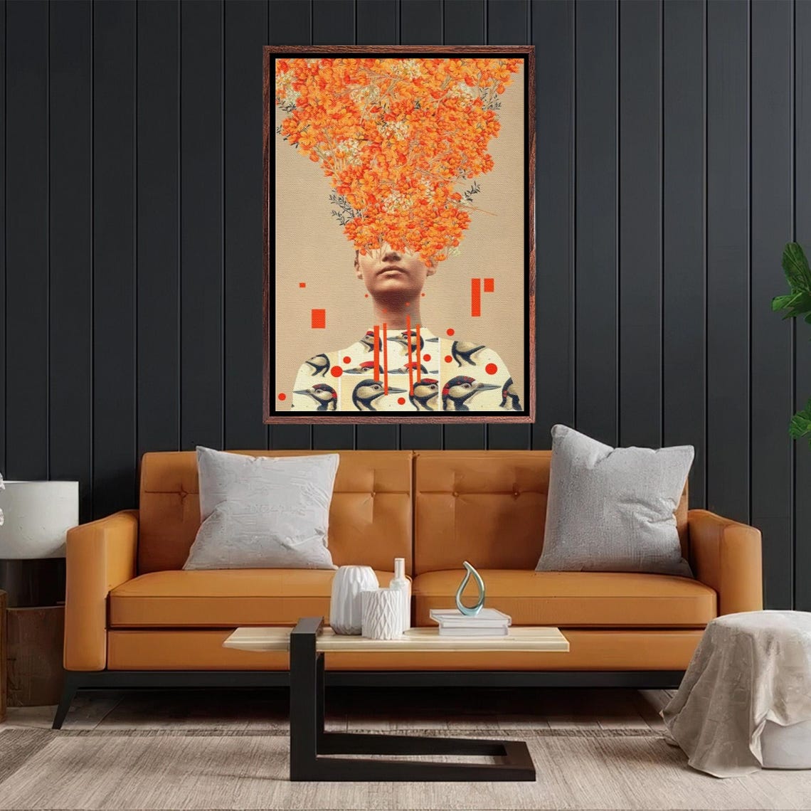 Surreal Woman Portrait With Orange Flower Head And Birds Poster - Image 2
