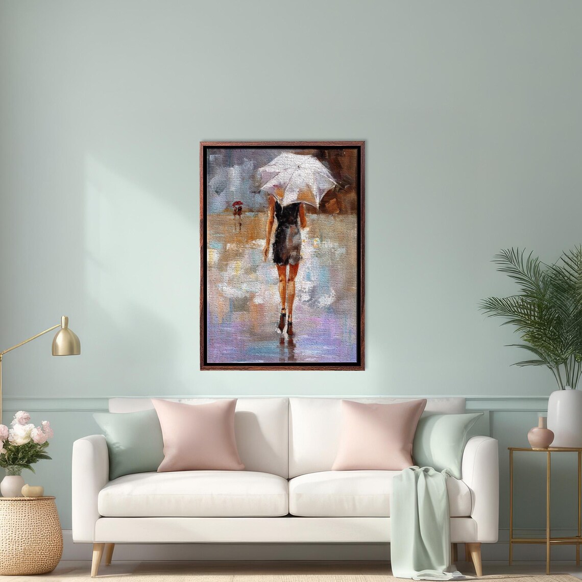 Woman With White Umbrella Walking In The Rain Oil Painting Art Poster