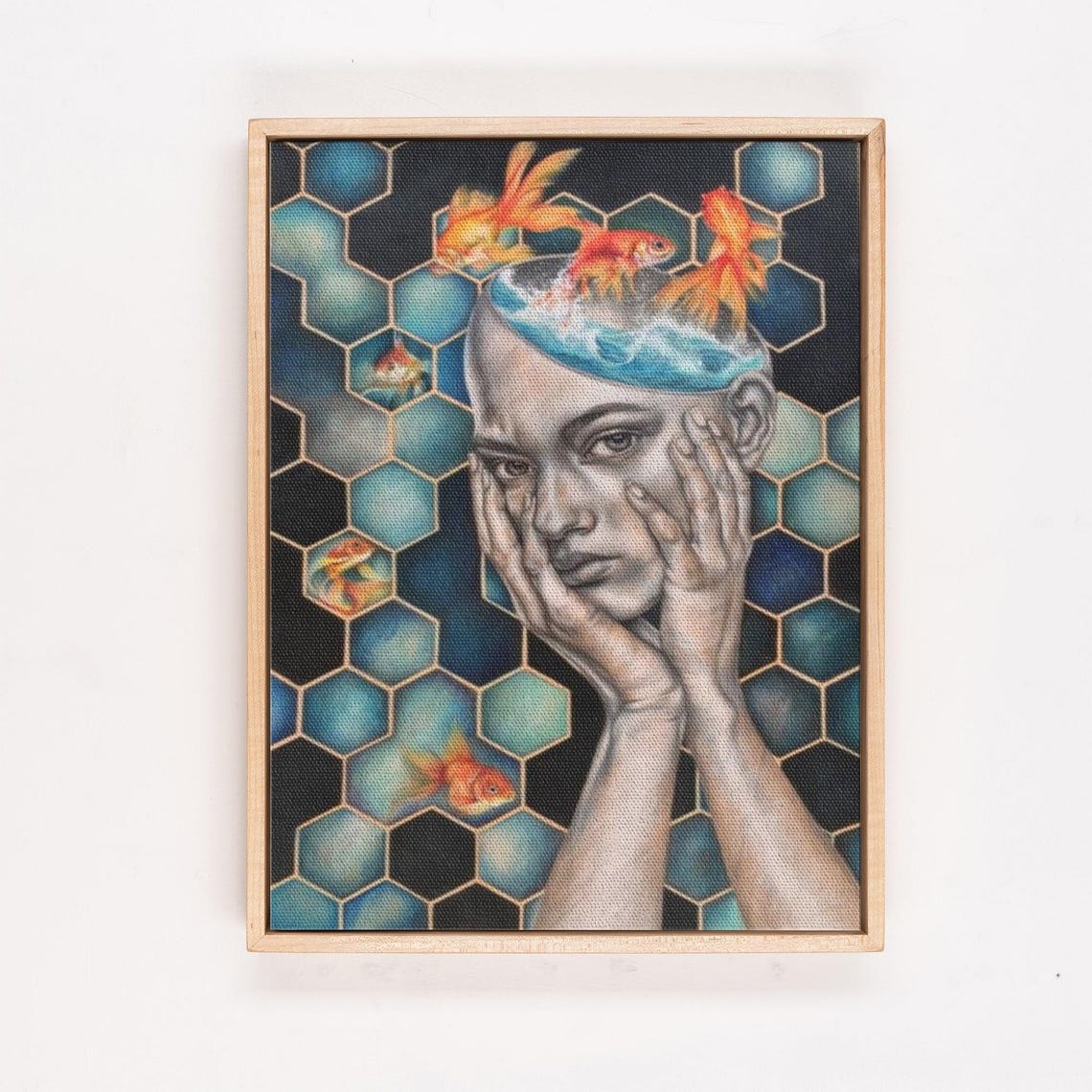 Surreal Woman with Goldfish and Honeycomb Pattern Art Poster - Image 4