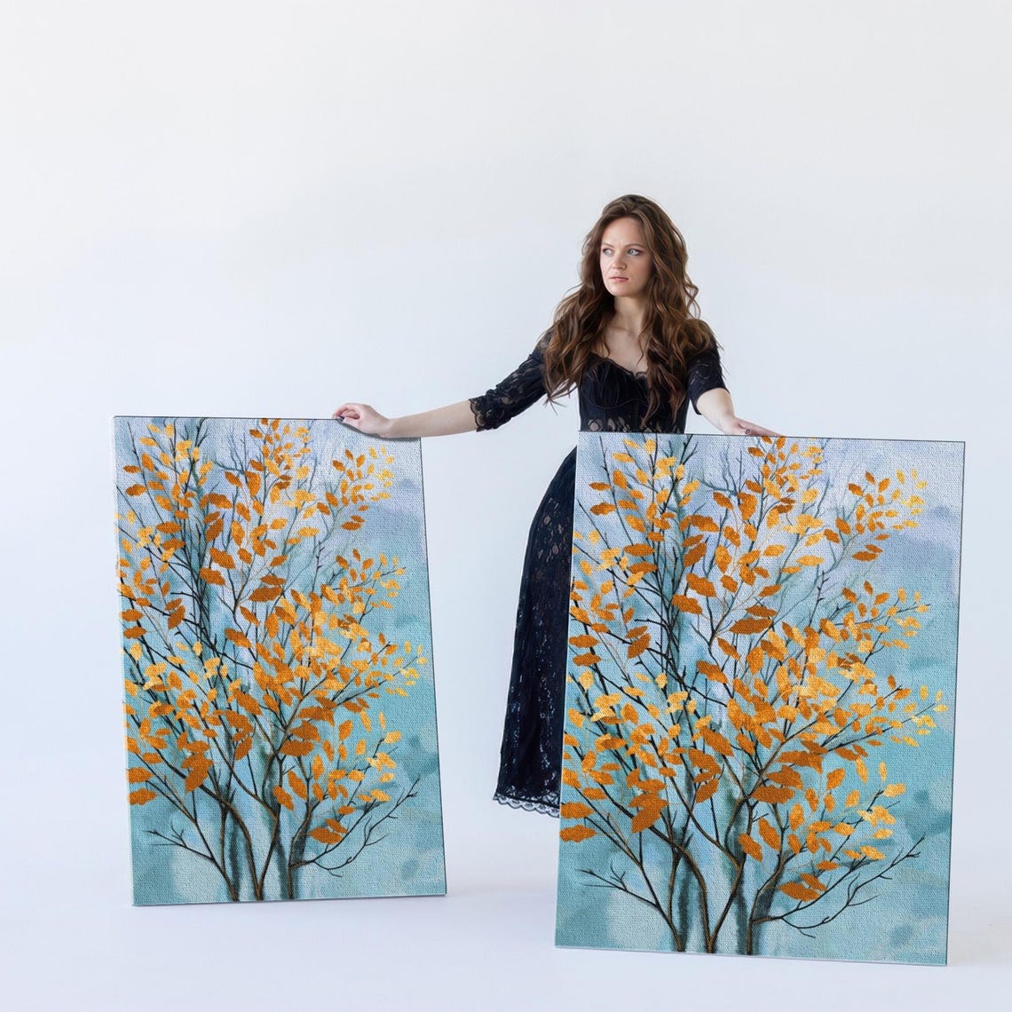 Golden Orange Autumn Leaves Tree on Pale Blue Sky Canvas Poster - Image 5