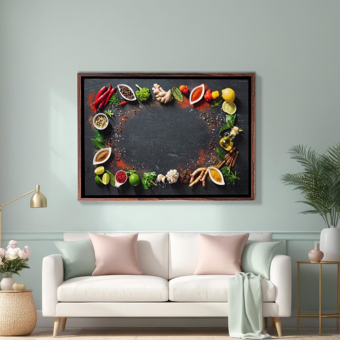 Colorful Rustic Spices And Fresh Herbs On Dark Slate Kitchen Poster
