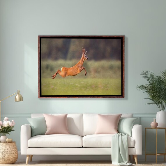 Leaping Roe Deer Stag Jumping High Across Green Meadow Poster