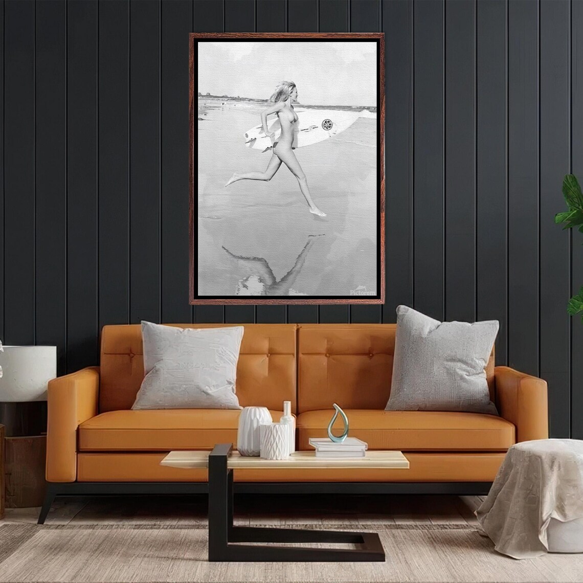 Black and White Surfer Girl Running on the Beach with Board Poster - Image 2
