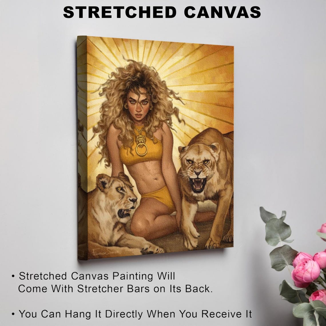 Fierce Wild Woman with Two Lionesses Golden Goddess Art Poster - Image 3