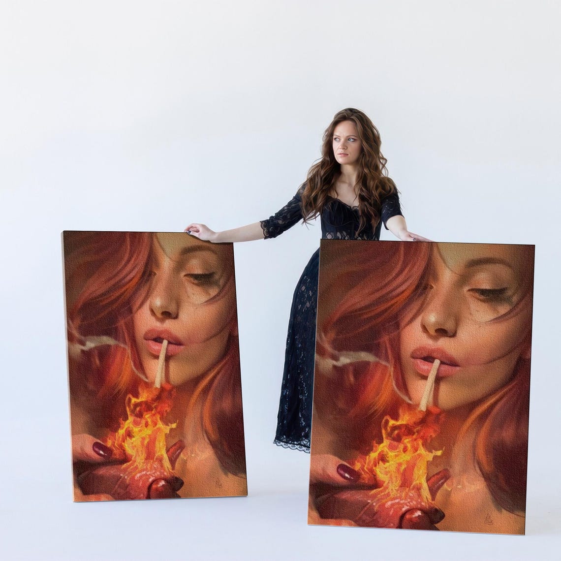 Red Haired Woman Lighting a Cigarette from a Flaming Heart Poster - Image 5