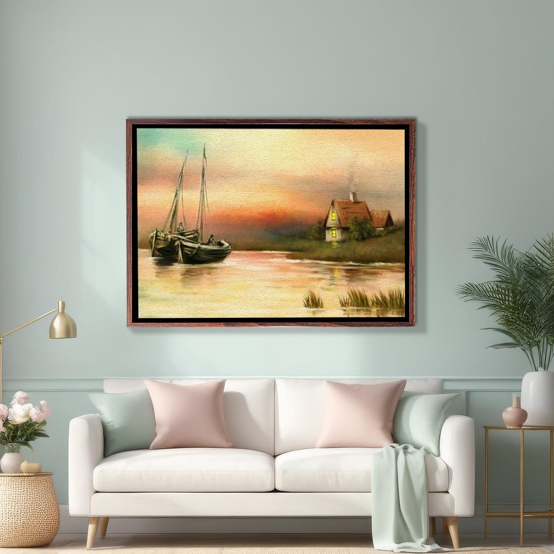 Fishing Boats at Sunset Beside a Quiet Lakeside Cabin Poster