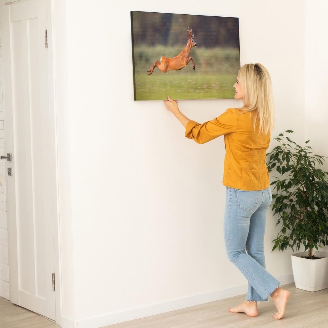 Leaping Roe Deer Stag Jumping High Across Green Meadow Poster - Image 5