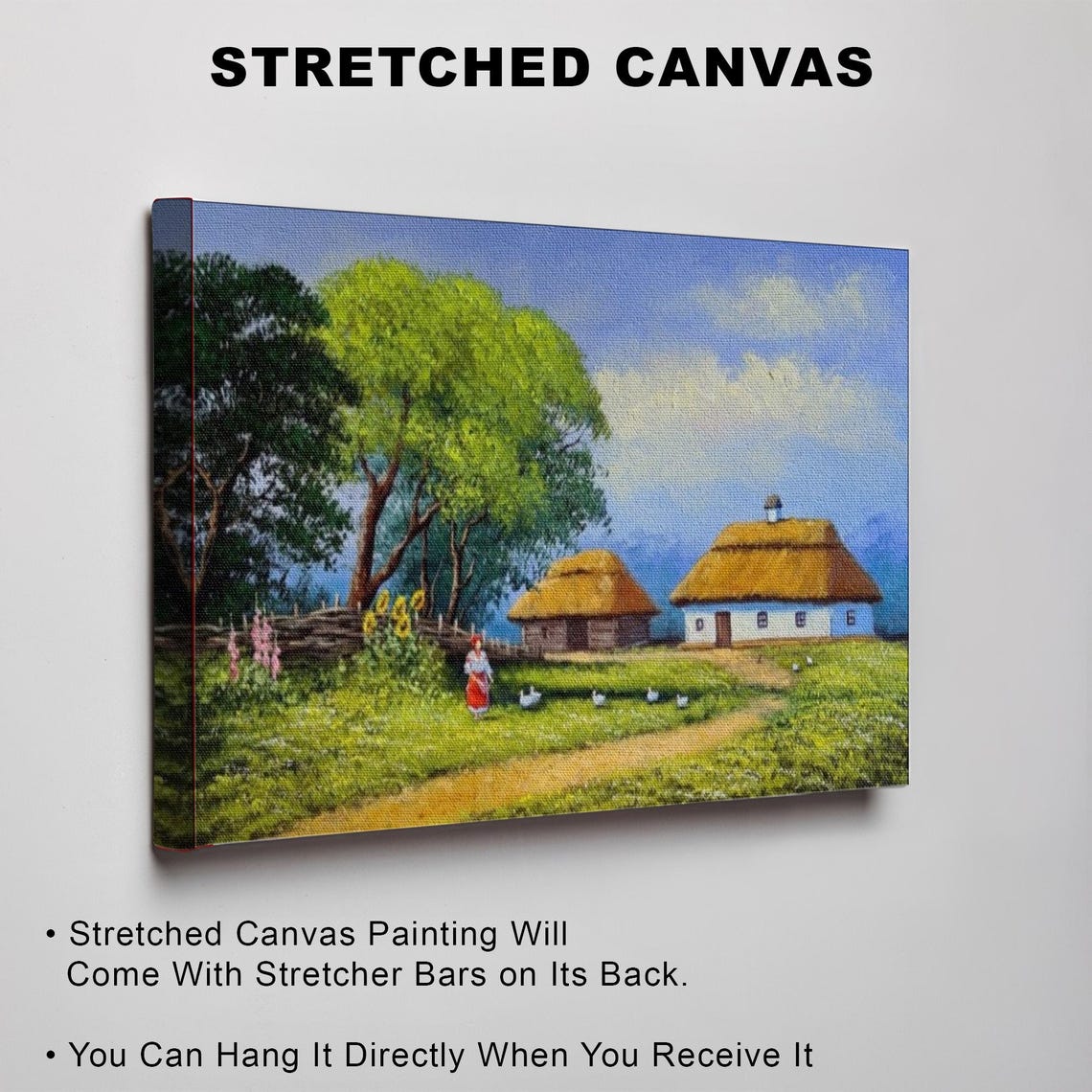 Ukrainian Thatched Village Cottages with Sunflowers Landscape Poster - Image 3