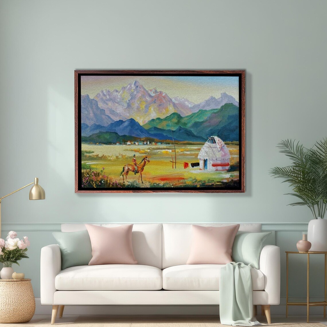 Nomadic Yurt Tent In Kazakhstan Mountains With Horseman Poster