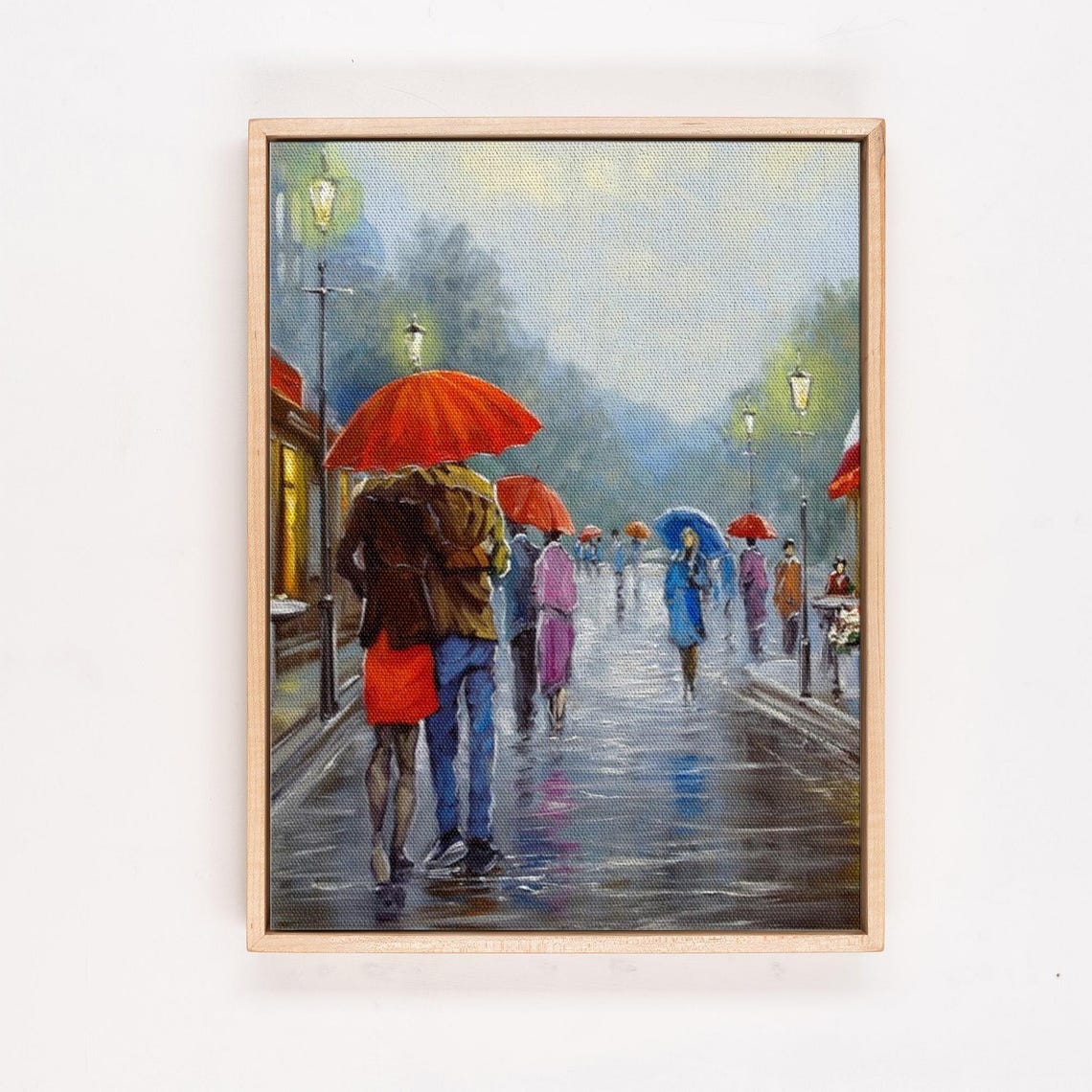Romantic Couple Under Red Umbrella Walking In Rainy Street Poster - Image 4