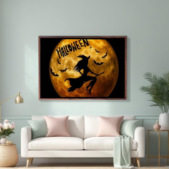 Witch Silhouette Flying Across Full Orange Moon Halloween Poster