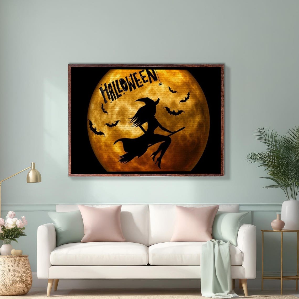 Witch Silhouette Flying Across Full Orange Moon Halloween Poster