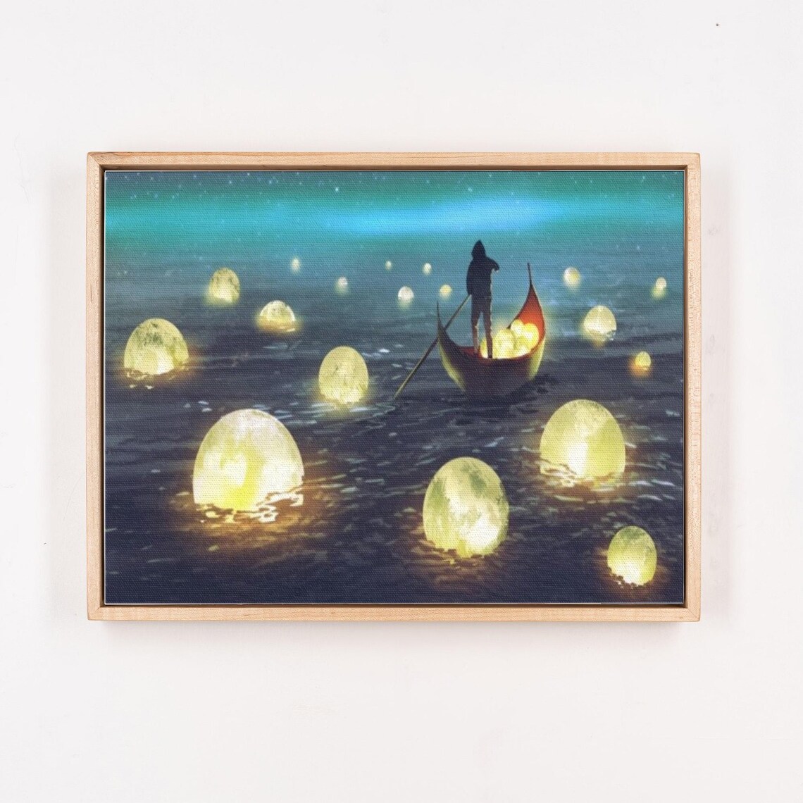 Man Collecting Glowing Fallen Moons From A Boat Surreal Night Art Poster - Image 4
