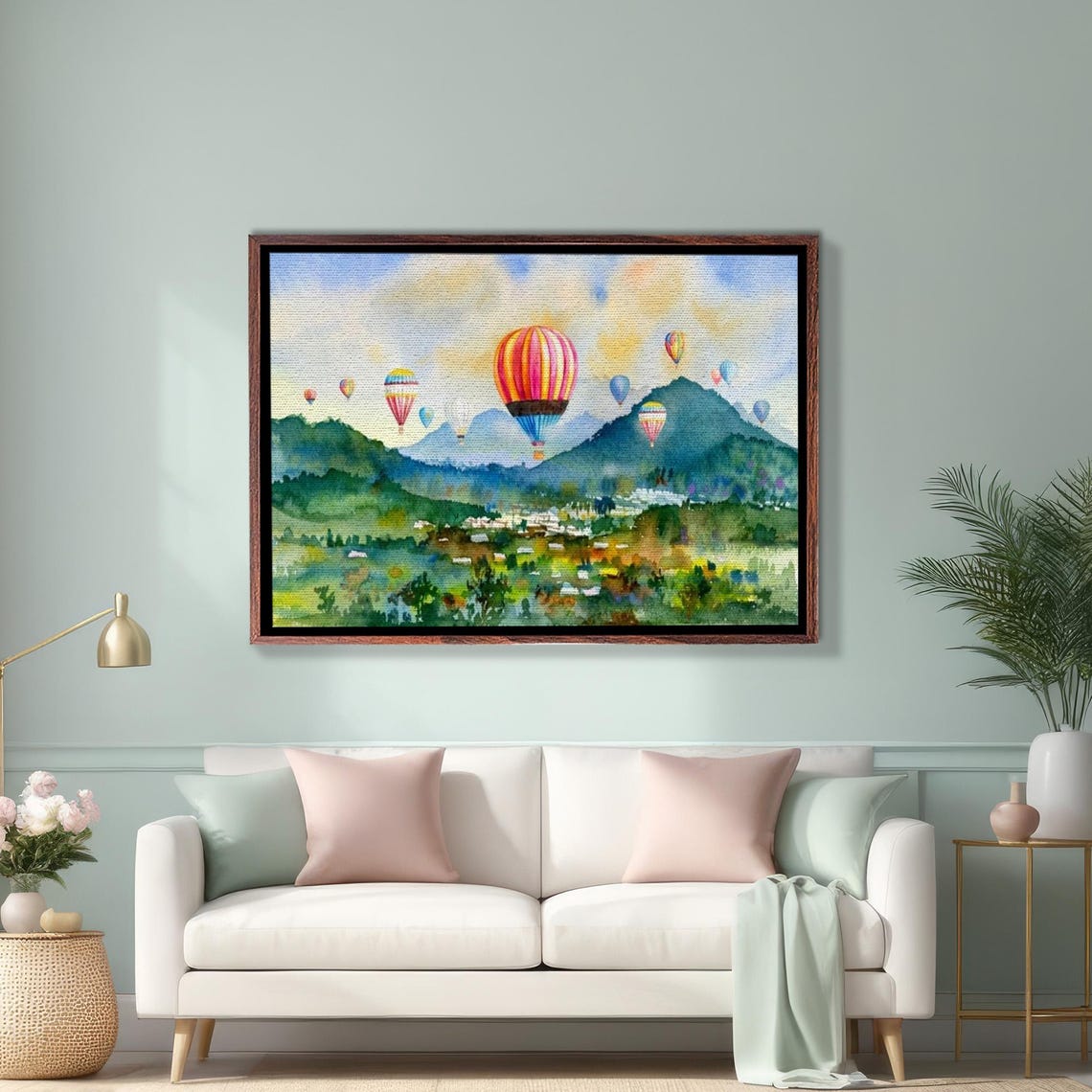 Cappadocia Hot Air Balloons Floating Over Green Valleys Poster