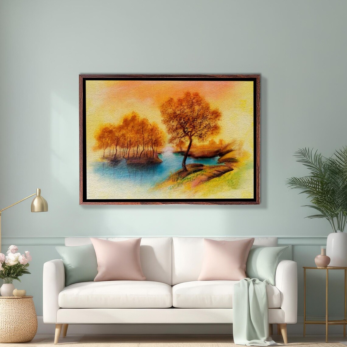 Autumn Trees By A Golden Lake Sunset Landscape Painting Art Poster