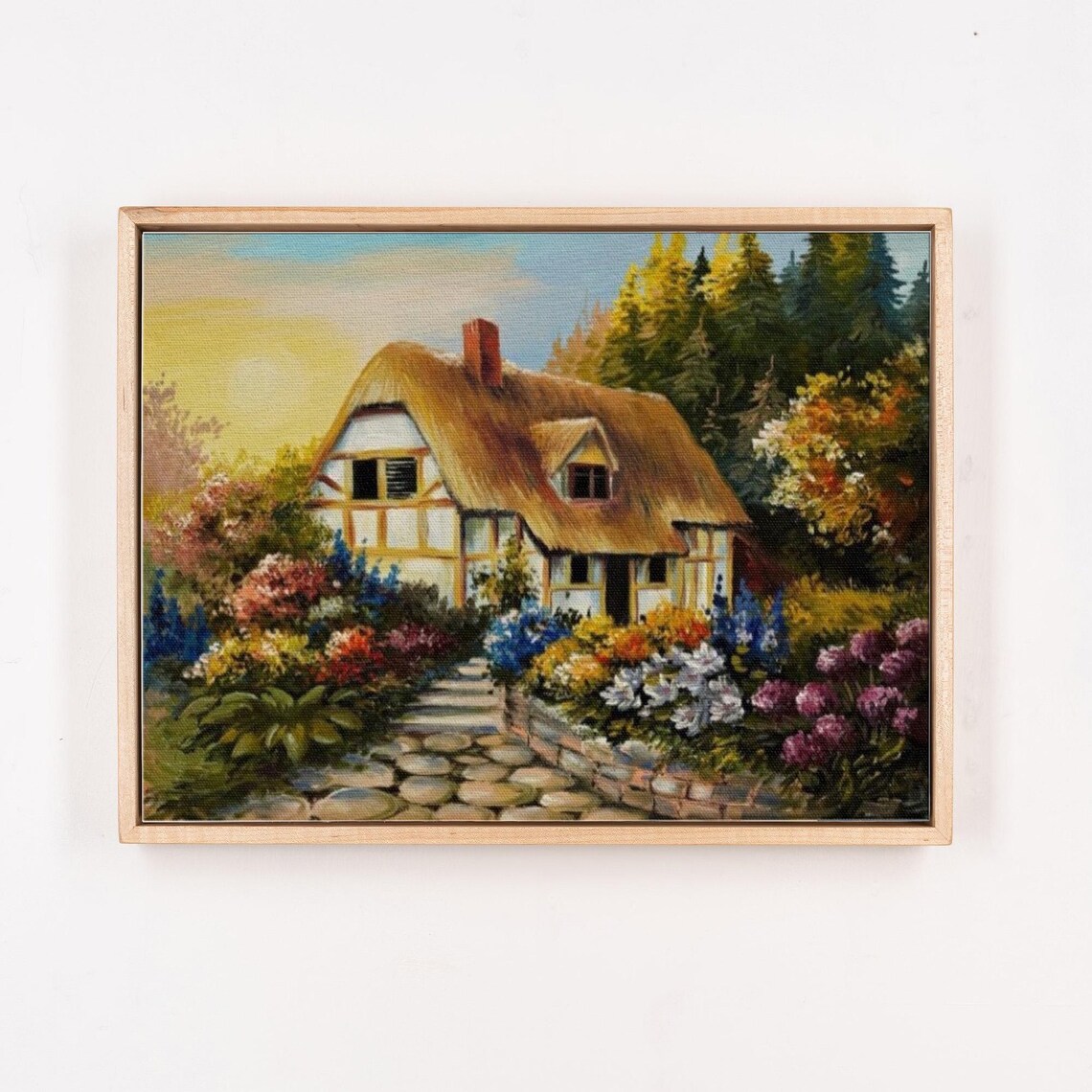 Thatched Roof Cottage Garden Blooming Flowers Sunset Painting Poster - Image 4