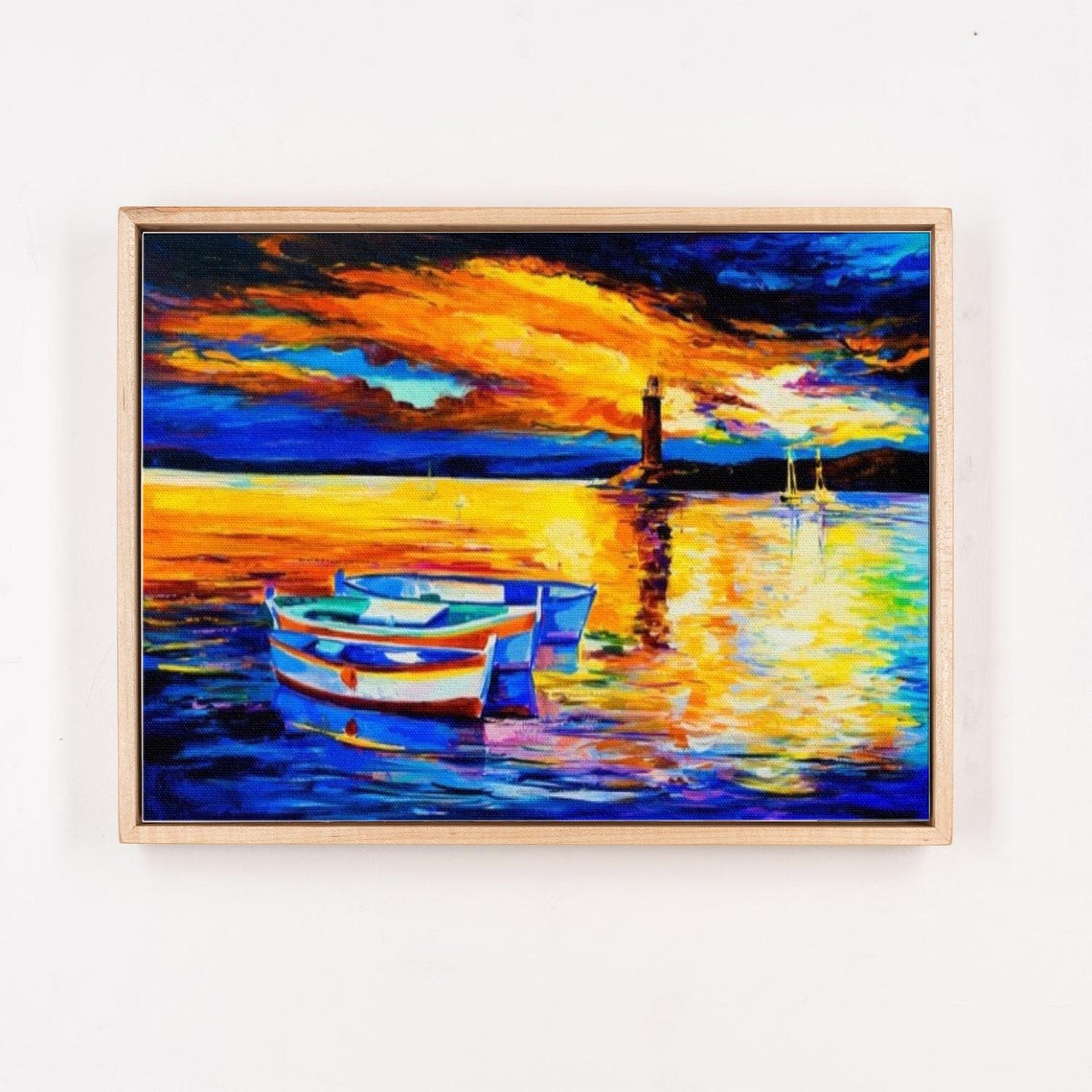 Fiery Sunset Ocean With Boats Lighthouse Harbor Scene Wall Art - Image 4