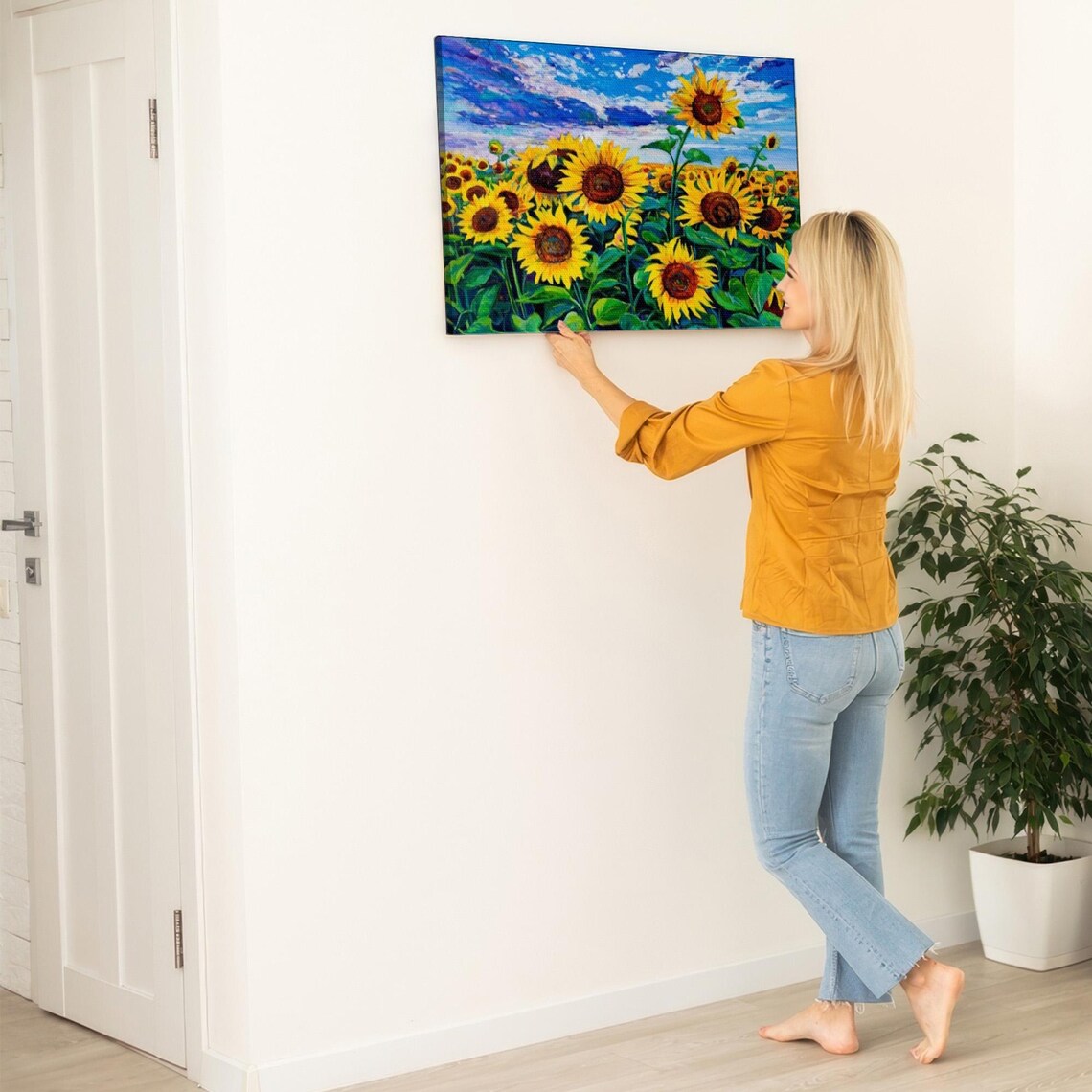 Sunflower Field Under Bright Blue Sky Oil Painting Style Poster - Image 5