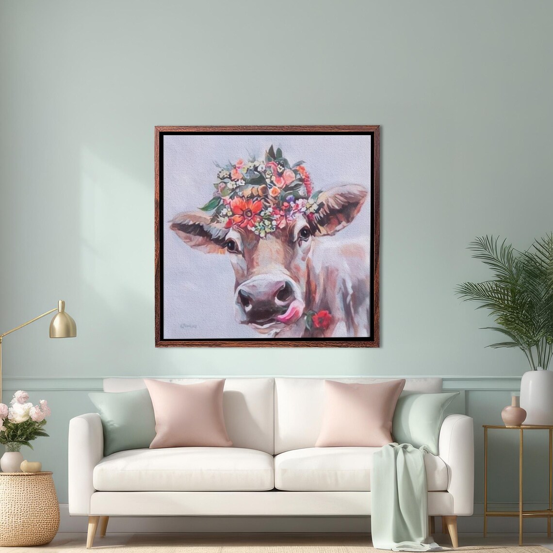 Highland Cow Wearing a Flower Crown Close Up Portrait Poster