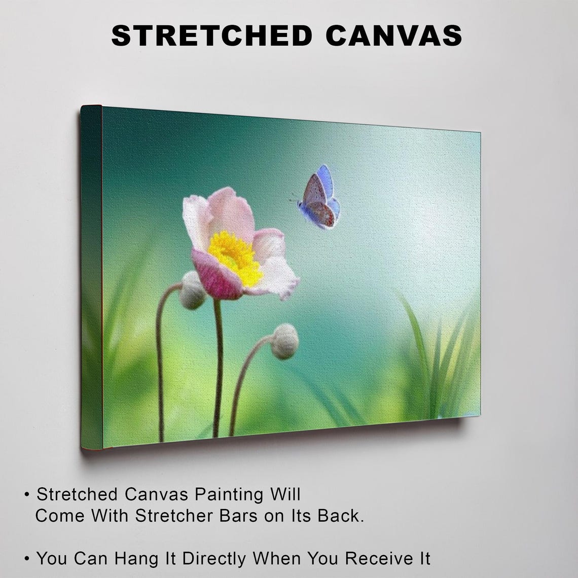 Pink Anemone Flower With Blue Butterfly Spring Garden Wall Art - Image 3