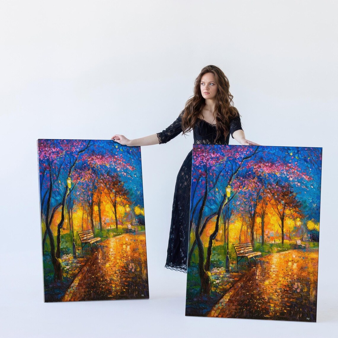 Glowing City Park Path At Night Colorful Impressionist Painting Poster - Image 5