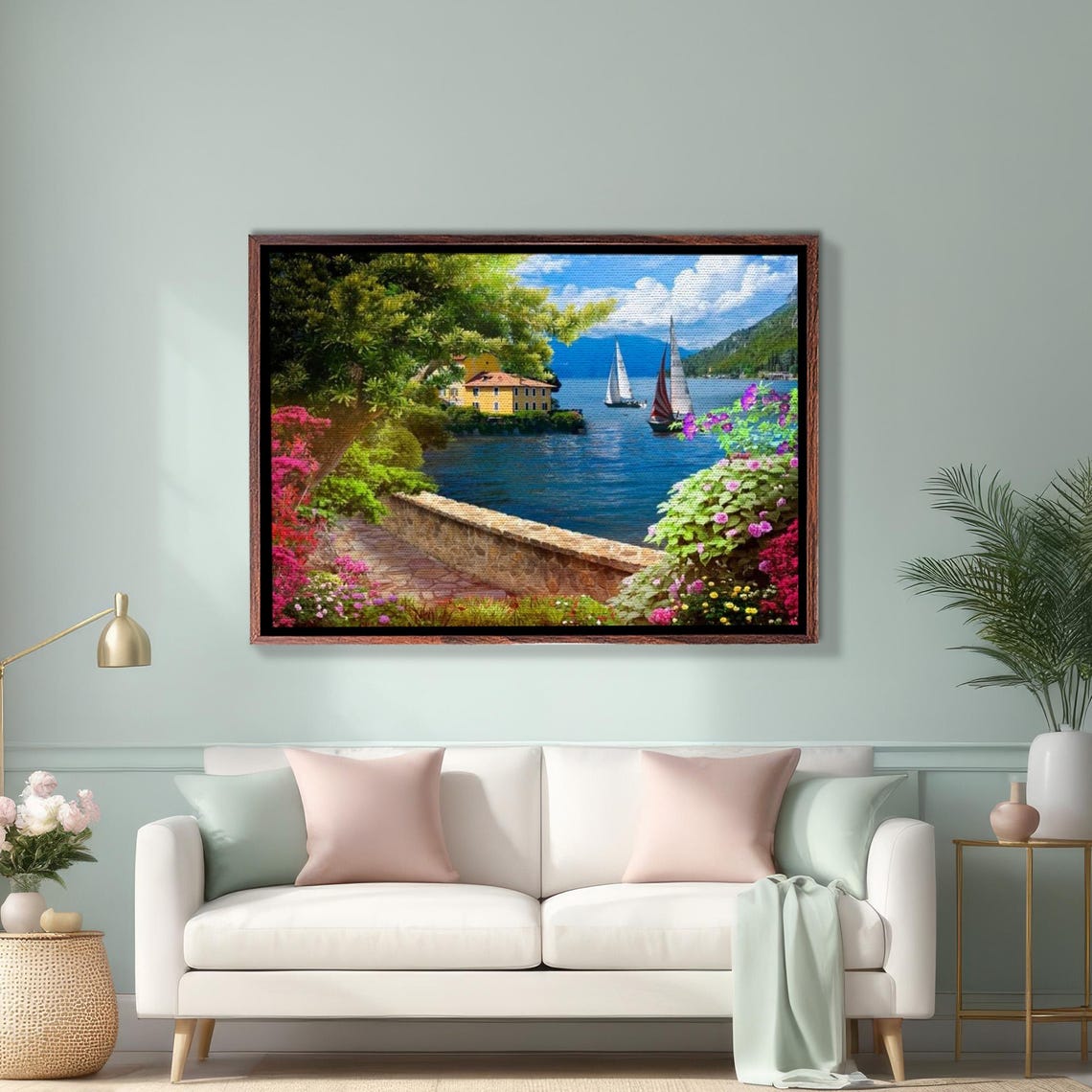 Lakeside Villa with Sailboats and Blooming Flower Gardens Poster
