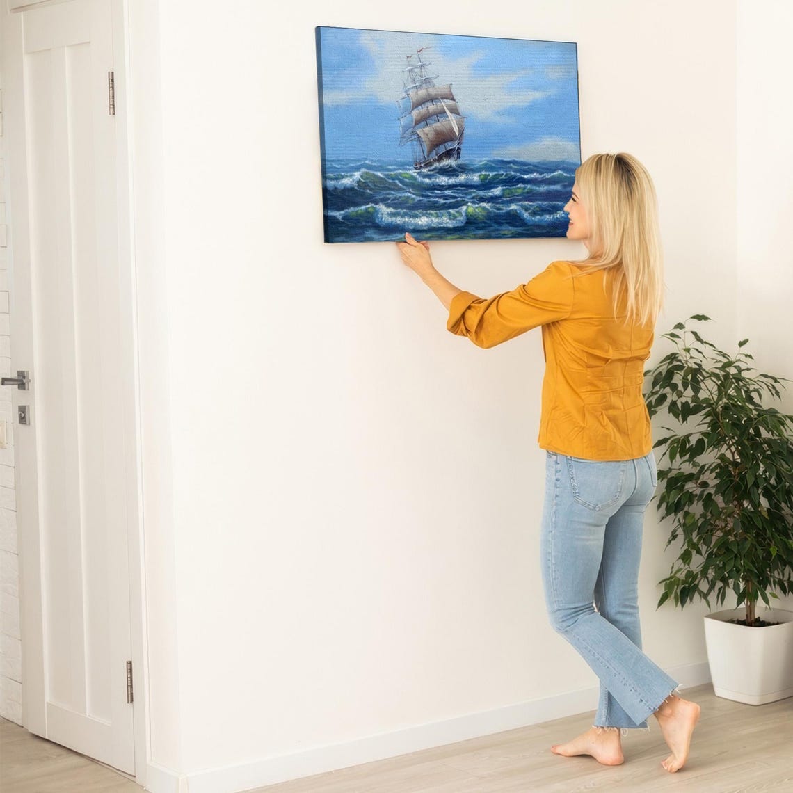 Tall Ship With Full Sails Riding Deep Blue Ocean Waves Poster - Image 5