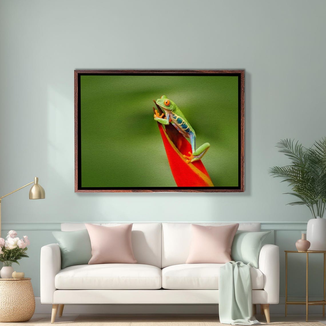 Red Eyed Tree Frog Resting On A Bright Tropical Red Flower Poster
