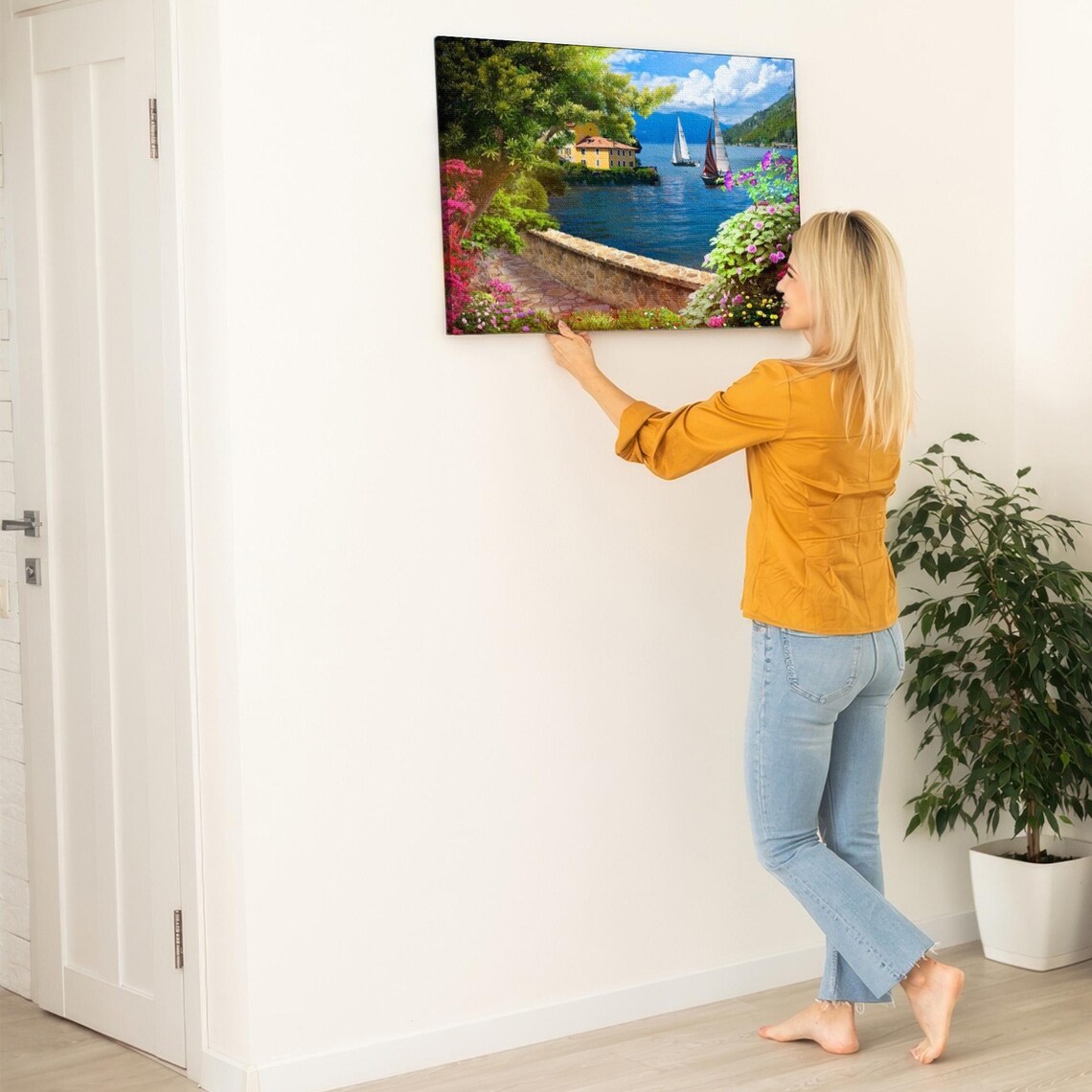 Lakeside Villa with Sailboats and Blooming Flower Gardens Poster - Image 5