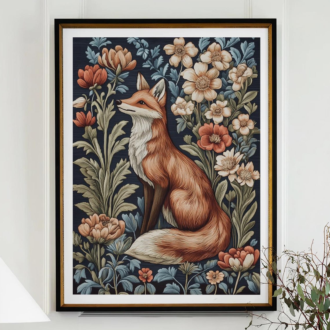 Red Fox Sitting Among Coral Flowers on Dark Navy Botanical Poster