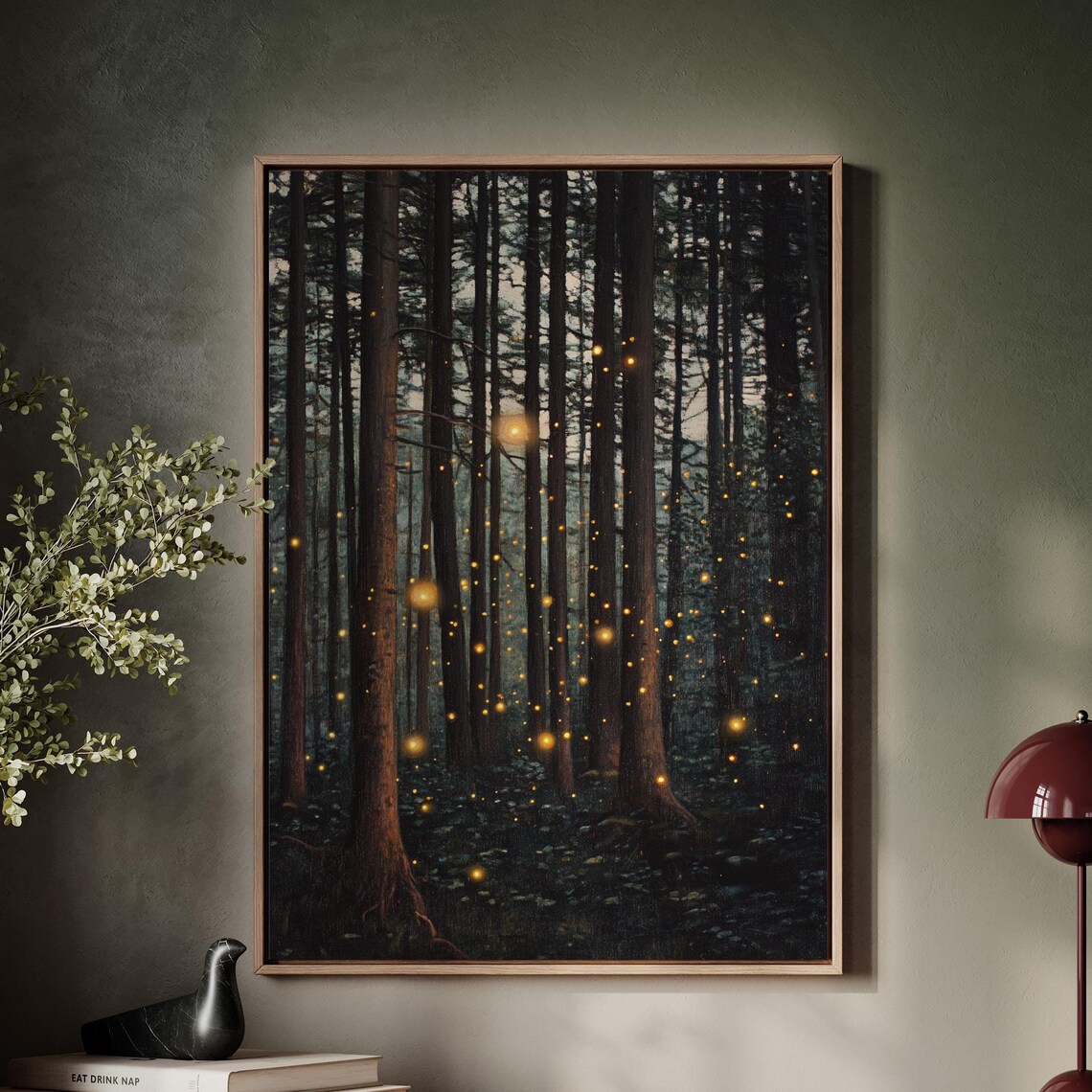 Enchanted Forest With Glowing Fireflies, Mystical Night Scene Art
