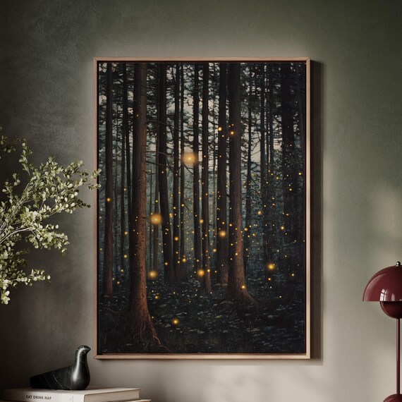 Enchanted Forest With Glowing Fireflies, Mystical Night Scene Art