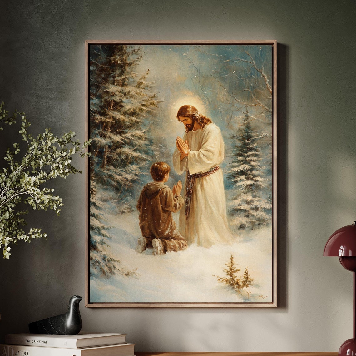 Jesus Praying With a Kneeling Boy in a Snowy Winter Forest Poster